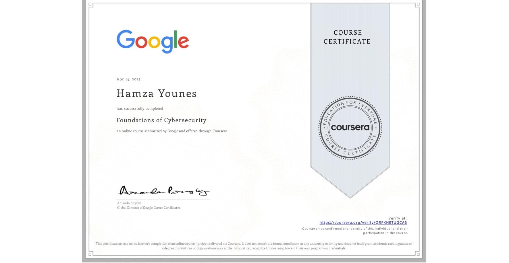 Google Foundations of Cybersecurity certificate