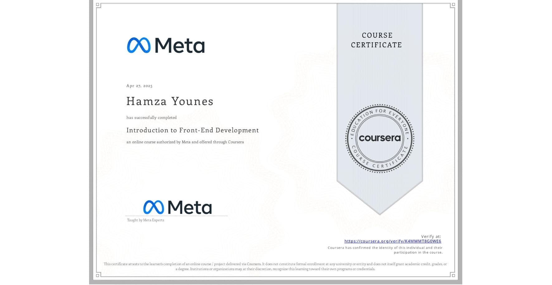Meta Introduction to Frontend Development certificate