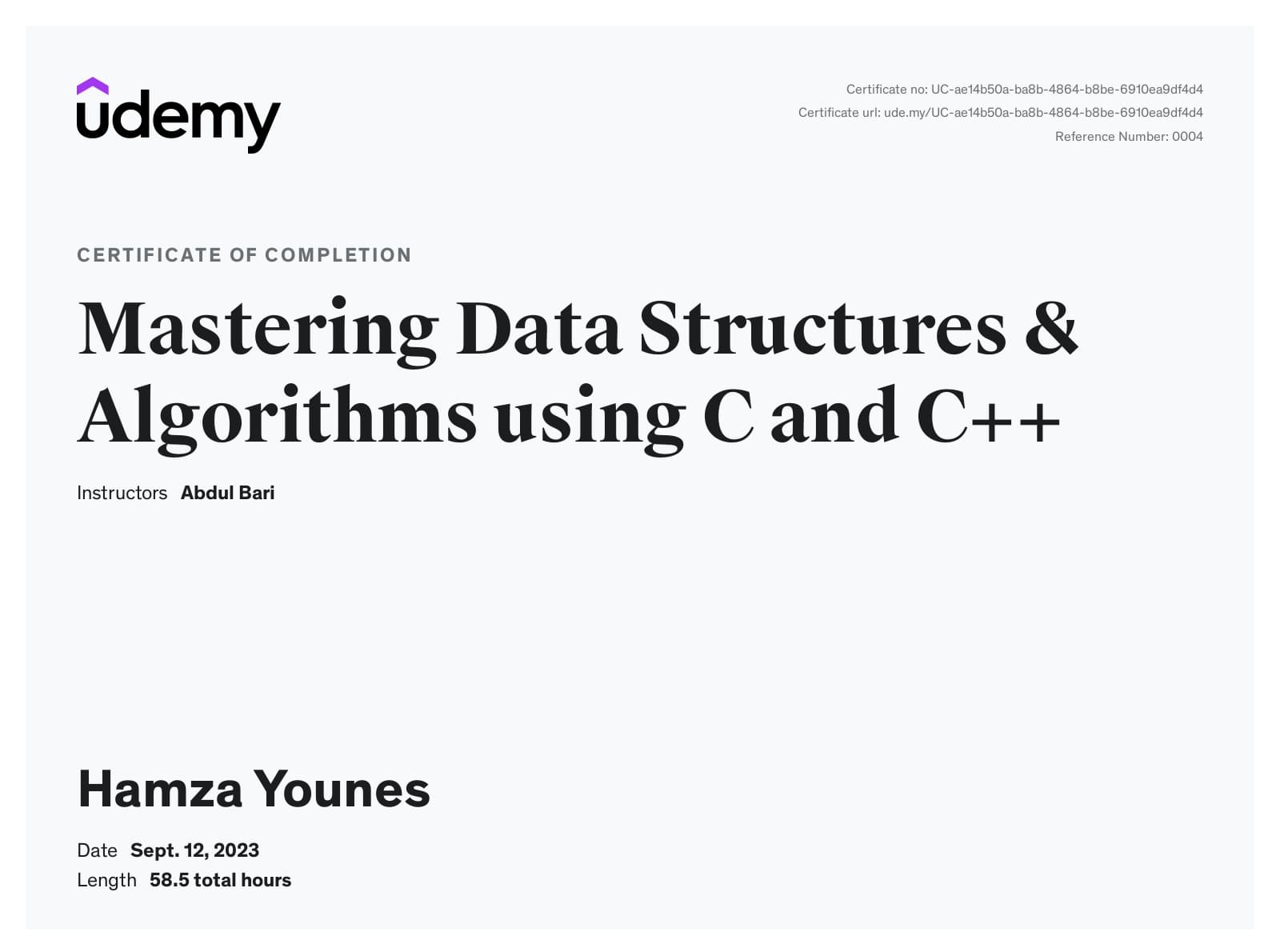 Mastering Data Structures & Algorithms certificate